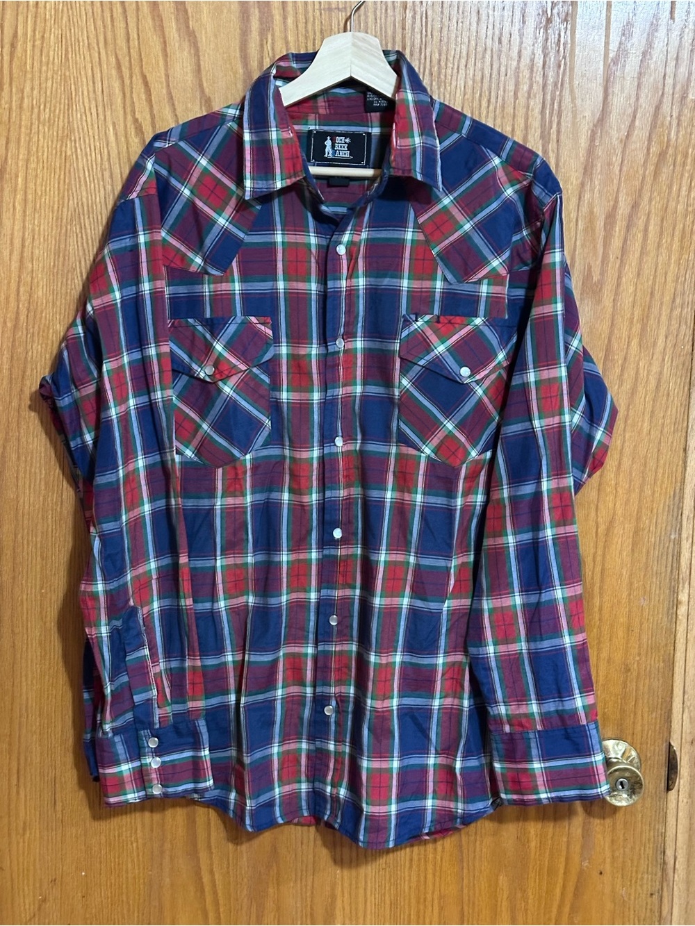 Rock Creek Ranch Men's Red and Navy Plaid pearl snap sz large western